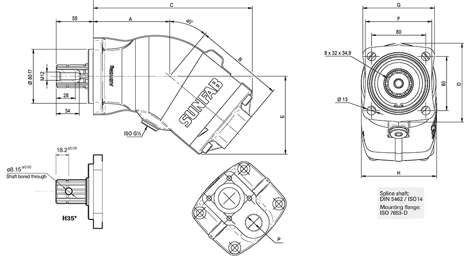 Насос SAP 012-108 DIN Sunfab - чертеж габаритных размеров