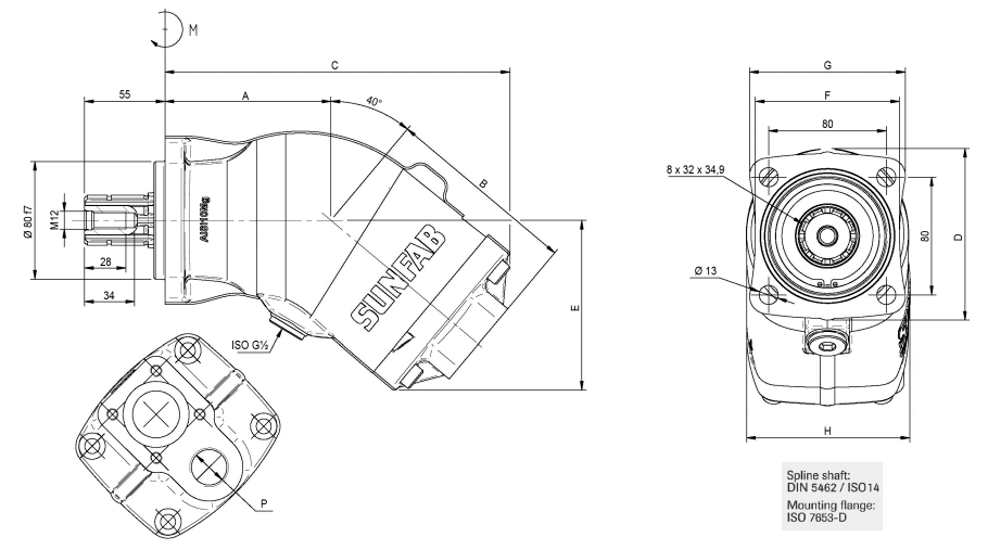 Насос SAPT 090, 130 DIN Sunfab - чертеж габаритных размеров